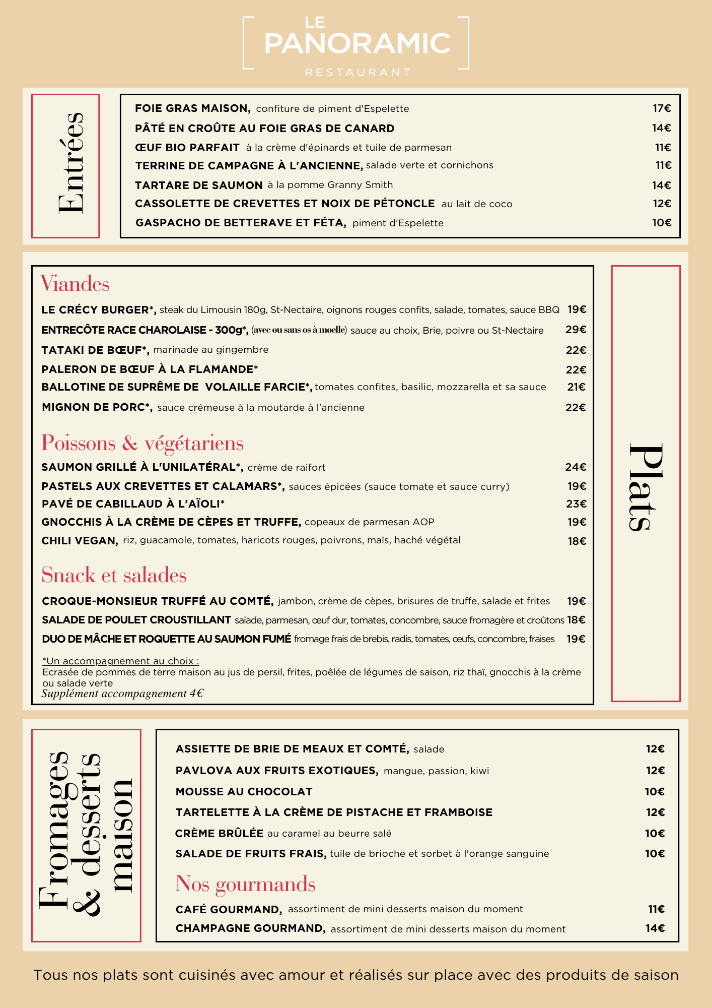 Menus | Le Panoramic | Domaine de Crecy | Seine et Marne